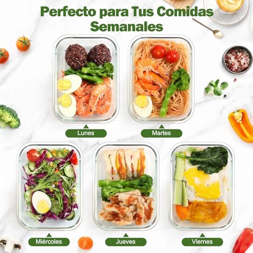 Paquete de 5 recipientes de vidrio con tapas, 1040 ml, gruesos y duraderos, recipientes de vidrio apilables herméticos para preparación de comidas, almacenamiento de alimentos sin BPA, Negro