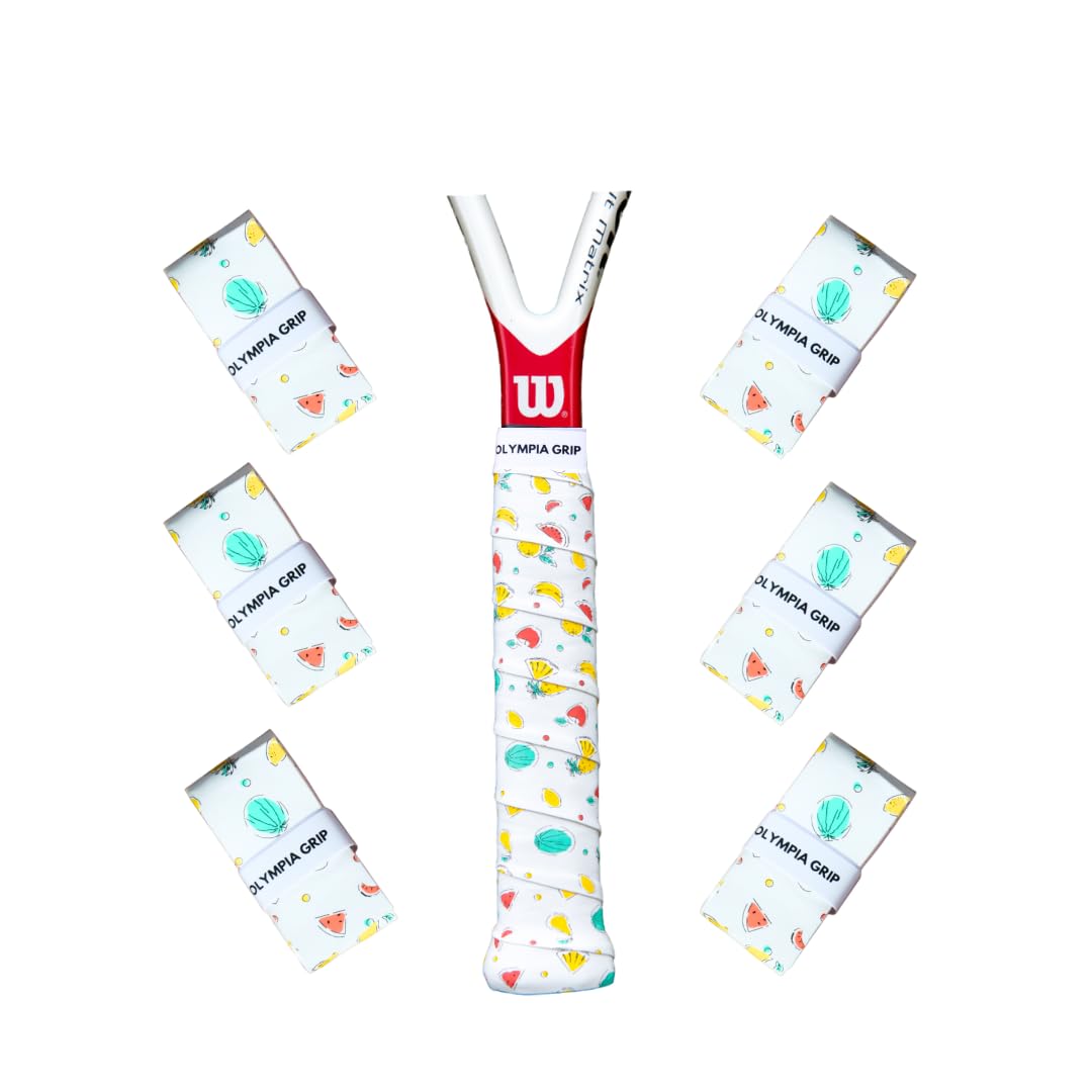 6 x Olympia Grips (White) - Custom, Funky Tennis Racket Grip Tape - Sticky, and Anti-Slip/Fast-Drying Tennis Grip - Badminton Racket Grip with Finishing Tape - Custom Squash Racket Grip with Tape