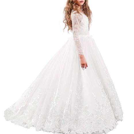 FYMNSI Blumenmädchen Kleid Kinder Langes Abendkleid Mädchen Stickerei Prinzessin Tütü Tüllkleid Hochzeit Brautjunger Maxiklei