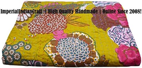 ImperialIndianCraft 100% Handmade Indian Kantha Quilt Blanket Comforter - Green Shade Floral/Tropical Quilt, Bohemian, Mediterranean, Vintage Bedding PREMIUM QUALITY | KING SIZE
