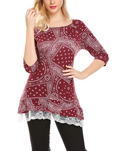 Mofavor Women's Floral Printed Lace 3/4 Sleeve Casual Flowy Tunic Top Blouse Wine Red XXL