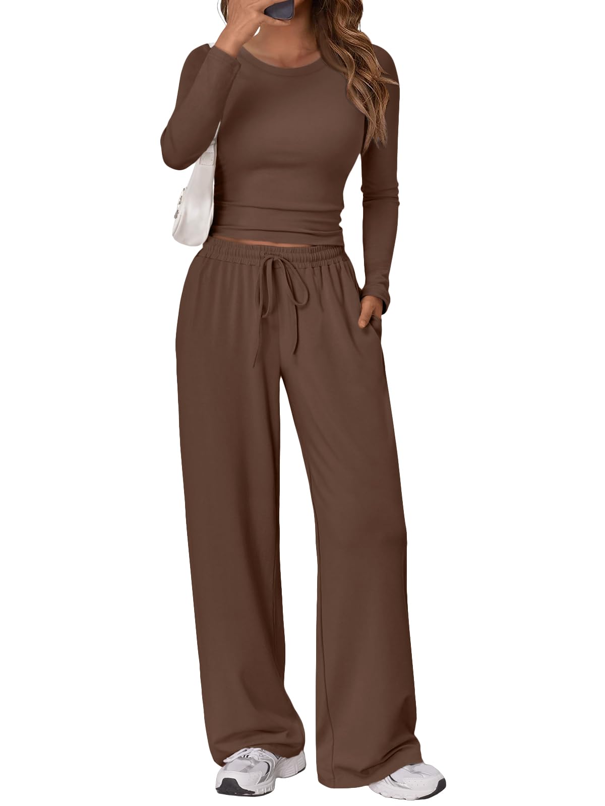 Photo 1 of (missing shirt) Trendy Queen Womens Chocolate Brown 2 Piece Lounge Sweat Sets 2025 Early Fall Fashion Y2K Teen Workout Gym Clothes Wide Leg Pants Top Airport Travel Outfits Sweatsuit Winter Essential Clothing M/L
