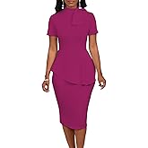 WanMem Women Formal Bodycon Peplum Cocktail Dress Short Sleeve Bow Ruffle Pencil Party Midi Dresses