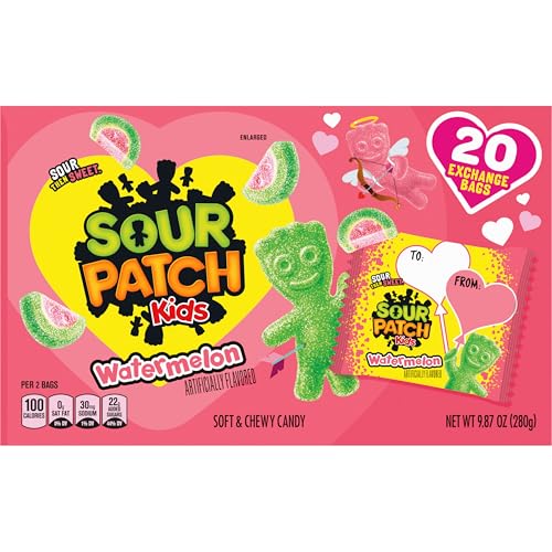 SOUR PATCH KIDS WATERMELON SOFT & CHEWY VALENTINE’S DAY CANDY, 20 SNACK PACKS