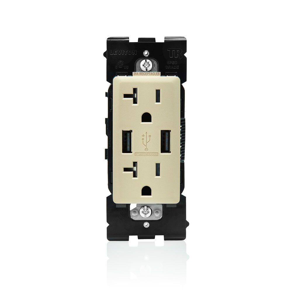 Leviton RUAA2-CA Renu USB Charger/Tamper-Resistant Duplex Outlet, 20A-125VAC, Café Latte