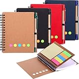 Gejoy 4 Pieces Spiral Notebook Dot Grid Notepad with Pen in Holder, Sticky Notes and Page Marker Colored Index Tabs Flags, 4 Colors Cover