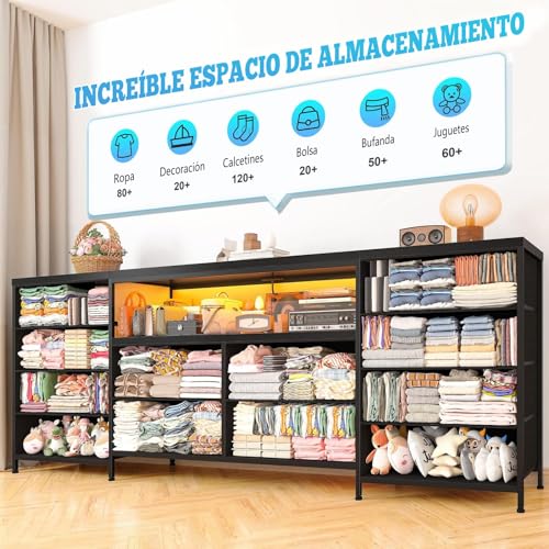 WELIKERA 160cm Mueble para TV con Cómoda, Extra Grande Muebles Tipo Tocador para Dormitorio con Luces LED y Tomas de Corriente, Tejido Largo Centro de Entretenimiento para TV con 12 Cajones