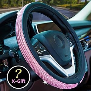 Valleycomfy Diamond Crystal Steering Wheel Cover for Women Girls- Bling Bling Rhinestones Steering Wheel Cover with Universal Fit 15 Inch(Pink Diamond)