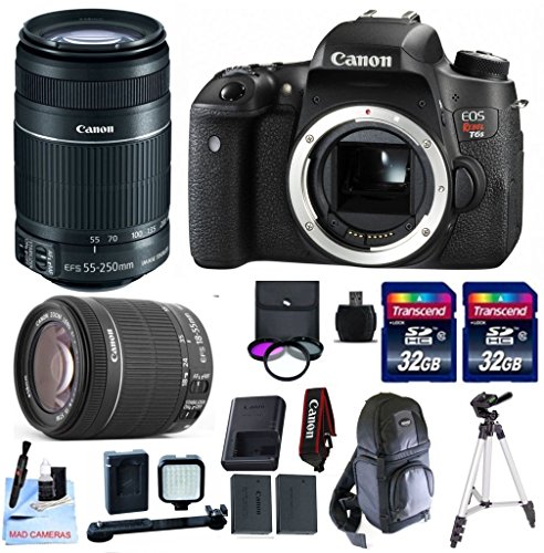 Canon EOS T6s + Canon EF-S 55-250mm IS STM + Canon 18-55mm IS STM + 2 32GB Transcend SD Memory Cards + LED Video Light + Spare LP E17 Battery + Sling Bag & More - International Version Canon EOS T6s + Canon EF-S 55-250mm IS STM + Canon 18-55mm IS STM + 2 32GB Transcend SD Memory Cards + LED Video Light + Spare LP E17 Battery + Sling Bag & More - International Version