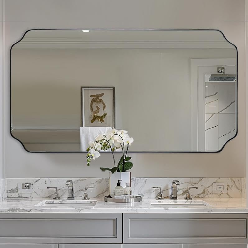 Photo 1 of ANDY STAR 30"x55" Large Bathroom Mirror, Chrome Scalloped Mirror for Wall, Full Length Wall Mirror with Unique Notched Corner Design, Hangs Vertically or Horizontally