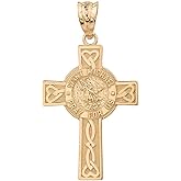 Solid 14k Yellow Gold Saint Michael Pray For Us Words Celtic Cross Pendant, 1.30"