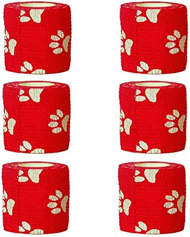 GouGou Self-Adhesive Tape Bandage Rolls Non-woven Ventilate Flexible Wrap for Soccer Basketball Sports Ankle Waist Knee Finger Elbow Ankle Support Tape 6PCS 2 in X 14.7 ft (Red&amp;White paw print)
