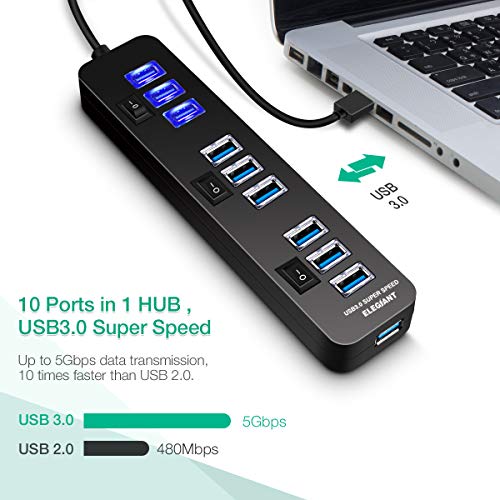 USB Hub 3.0, ELEGIANT High Speed 10-Port USB Data Hub Splitter with AC Power Adapter and Charging Ports for Computer MacBook Mac Pro/Mini Surface Pro 4 Laptop Notebook PC Mobile HDD