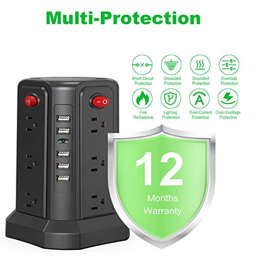 Surge Protector Power Strip 16.4FT/5M 5 USB Ports 12 Outlet Power Strip with USB Long Cord Outlet Surge Protector Tower Overload Protection, Short Circuit Protection
