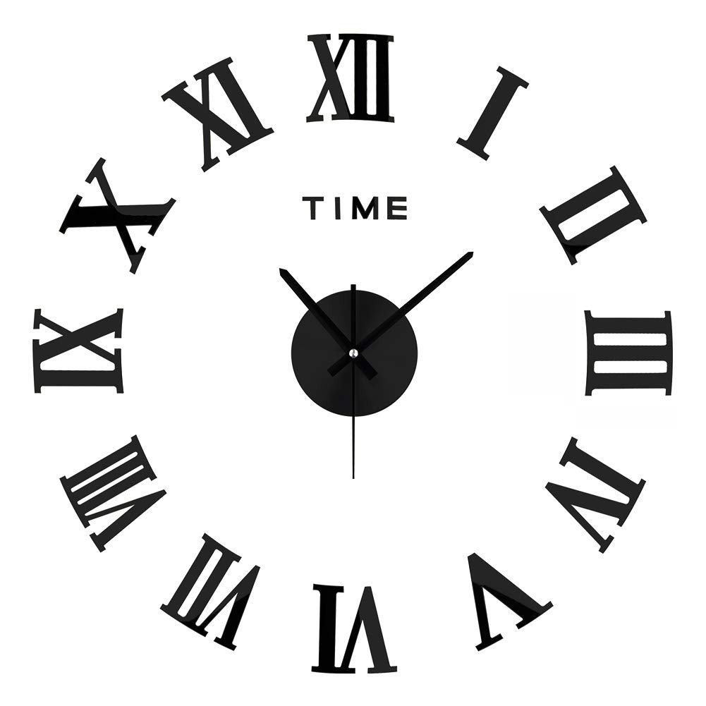 Amazlife 3D DIY Wall Clock, Modern Frameless Large 3D DIY Wall Clock Mirror Stickers Kit Decoration Home for Living Room Bedroom (Black)