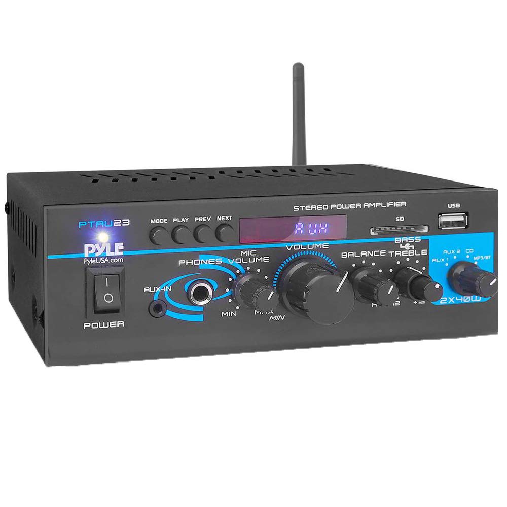 Pyle Home Audio Sistema de amplificador de potencia Bluetooth - 2X40W Mini mezclador de doble canal Caja receptora de sonido estéreo con RCA, USB, AUX, auriculares, entrada de micrófono, teatro, entretenimiento en el hogar, uso en estudio - PTAU23
