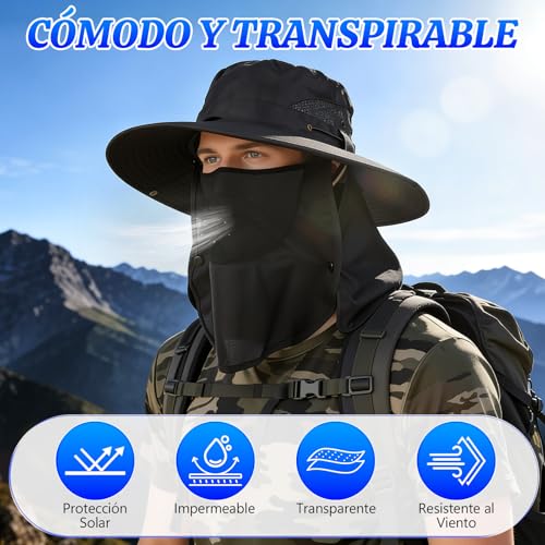 Yanlin 3pcs Sombrero Pesca Sol Protección, Sombrero para Sol UPF 50, con Gafas de Sol, Mangas de Protección Solar, Diseño Desmontable, Impermeable, para Actividades al Aire Iibre