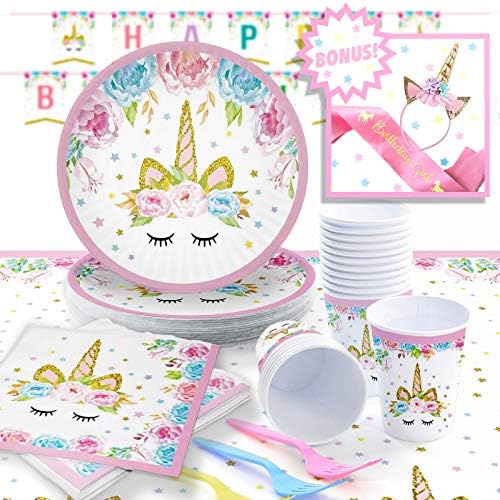 Unicorn Party Supplies Set with BONUS Pink and Gold Unicorn Headband and Birthday Sash | Decorations and Tableware | Disposable for Easy Cleanup | Serves 16 | by Pippin Products