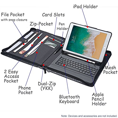 iPad Keyboard Portfolio, Zipper Padfolio Organizer Folio Case with Bluetooth Keyboard for 9.7 inch iPad Pro