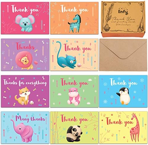 Safari Baby Shower Thank You Cards - 60 Kids Birthday Colorful Tropical Jungle Animals Thank U Notes - Elephant, Panda, Puppy, Giraffe, Cat, Lion, Hippo - Girl or Boy - Kraft Envelopes and BONUS Box