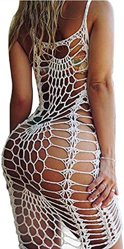 ZHCKyee Women's Vintage Crochet Lace Bikini Swimsuit Cover Ups Short Hollow Out Beach Dresses Beige