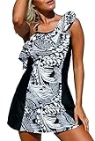 ZKESS Women One Ruffle Shoulder Monochrome Jungle Tankini Swimsuits With Bottoms S - XXXL Plus Size