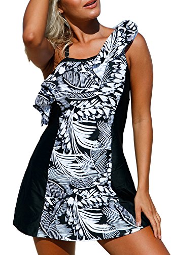 ZKESS Women One Ruffle Shoulder Monochrome Jungle Tankini Swimsuits with Bottoms S - XXXL Plus Size