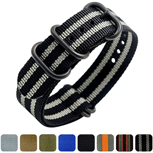 Nato Strap 20mm 22mm Premium Ballistic Nylon Military Watch Bands 5 Ring Black Swiss Zulu Straps (22mm, Black/Smoke (Bond))