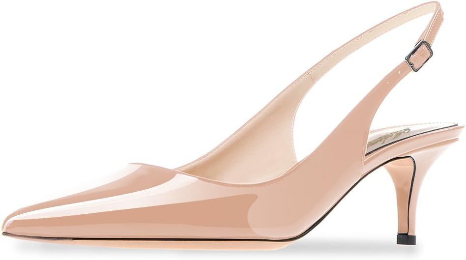 MODEMOVEN Women's Beige Patent Pointed Toe Slingback Kitten Heels Ladies Low Heel Ankle Strap Pumps Cute Evening Party Shoes 6 M US
