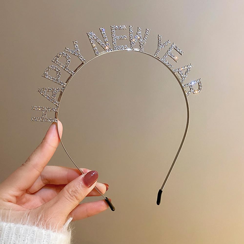 Photo 1 of Jumwrit Silver Rhinestone Headband Happy New Year Metal Headband Nonslip Thin Princess Hair Band New Year Eve Party Headpiece for Women Girls (Style 1)