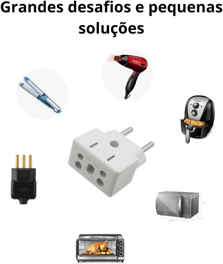 Kit 3 Adaptadores de Tomada Universal Bob Esponja Benjamin 10A/20A até 250V, Para 2 e 3 Pinos Grosso e Fino, Bivolt 110V/220V para Secadores, Chapinhas, Air Fryer, Eletrodomésticos e Eletrônicos