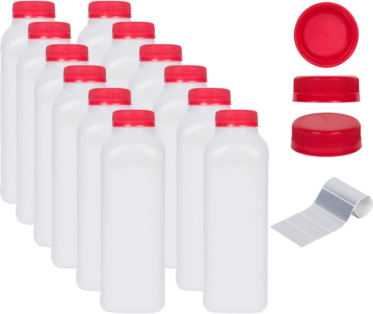 16 oz Empty Plastic Juice Bottles - Set of 12 with Tamper Evident Caps and 12 Waterproof Labels. BPA Free
