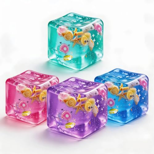 4 Pack Ice Cube Squishy Stress Ball–Soft Dough Squishy Fidget Toys,Mini Colorful Sensory Squeeze Cubes for Relaxation&Focus,Perfect for Classroom Prizes&Party Favors (4, Seashells, 1.4in)