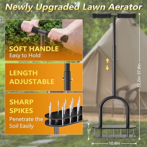 seasky Lawn Aerator Automatic Dirt and Leaf Clean Design,Pre-Assembled 15 Iron Spikes Metal,Soil Lawn Aerating Tools for Yard Lawn and Garden, lawn aerator spikes aerating tool