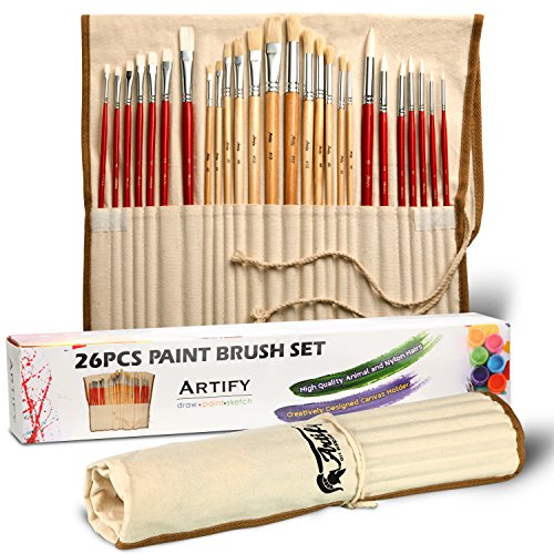 Artify 26 Pcs Paint Brushes Art Set for Acrylic Oil Painting| a Kit of Hog and Nylon Hairs| Include Two Large Size Nylon Brushes and a Carrying Pouch