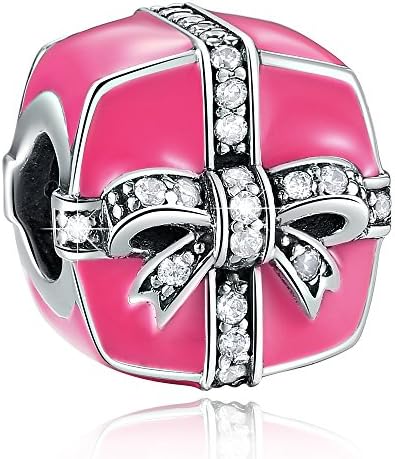 Bow Charm 925 Sterling Silver Pink Enamel Box Charm Beads fit pandora charms for pandora bracelets, Wedding Birthday Valentine's Day Mother's Day Gifts for Mom Wife