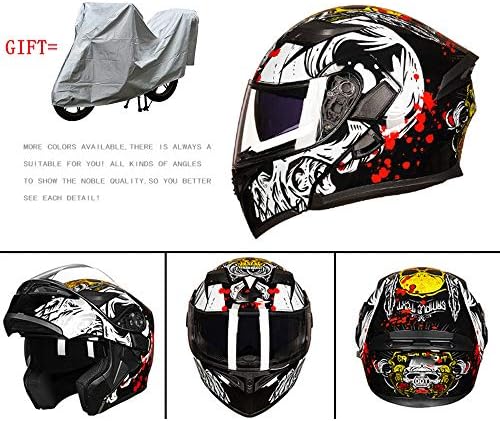 MMGIRLS Motorcycle Double Lens flip Helmet, Motorcycle Crash Helmet Adult Four Seasons Motorcycle Helmet & Gift car Cover - Black Print,XL