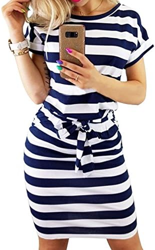 Elevesee Women Casual Striped Long Sleeve Bodycon Pencil Dress With Pockets