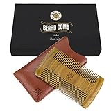 Dual Action Beard Comb &amp; Protective Sleeve - Perfect for Balms and Oils - Sandalwood Scent, Fine/Coarse Tooth - Premium EDC Case and Gift Box Included ()