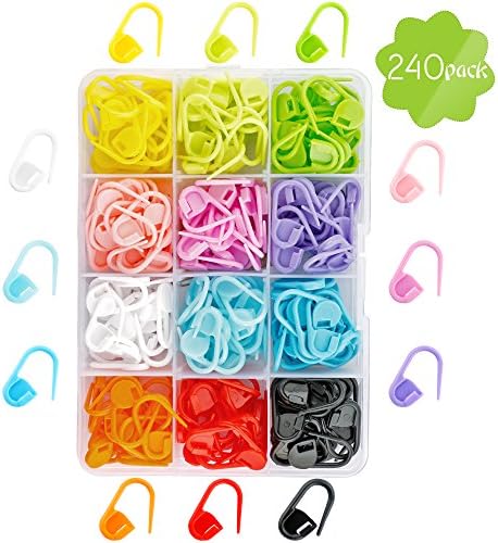 AULE 240 Pieces 12 Colors Locking-stitch Solid Plastic Marker Knitting Stitch Counter Stitch Needle Clip with Compartment Box