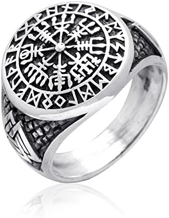 Viking Ring with Vegvisir, Valknut and Norse Runes 925 Sterling Silver