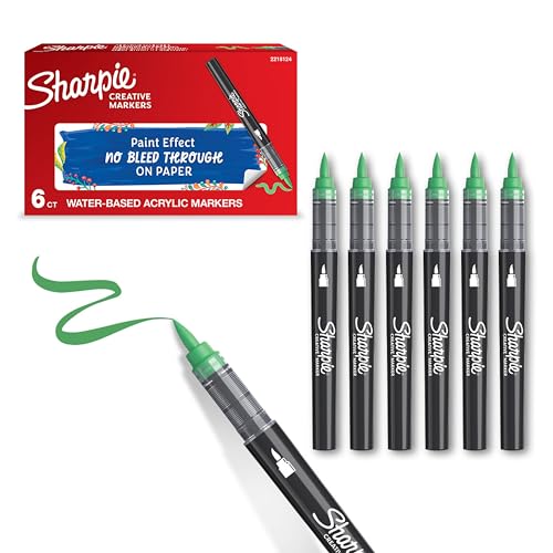 Sharpie Creative Marker Acrylic Paint Pens | Brush Tip Water-Based Paint Markers | Green | No-Bleed Ink Writes on Most Surfaces | Crafting & Art Supplies | 6 Count