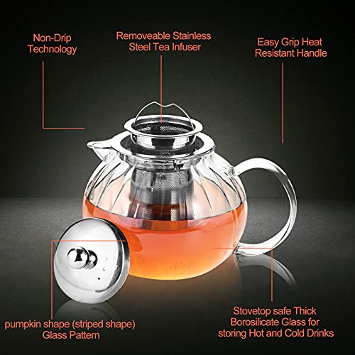 Warmyee Glass Teapot with Removable Infuser, Stovetop Safe Tea Kettle
