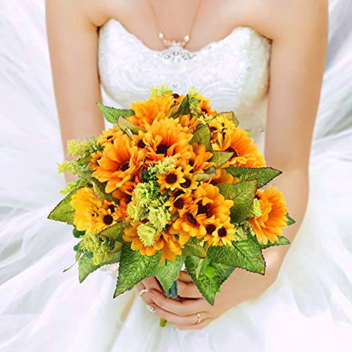 JOHOUSE 5PCS Artificial Sunflower Bouquet, 9.8inch Silk Sunflower Wedding Flower, Home Decoration Wedding Decor