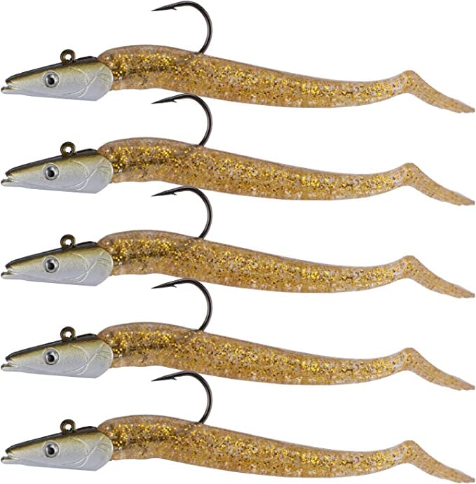 Matymats 5Pcs Fishing Jig Heads, Sand Eel Lures, Fishing Lures for Trout, Soft Plastic Fishing Lures, Jig Head Soft Fishing Lures Kits, Bass Lures, Paddle Tail Fishing Lures for Bass Trout