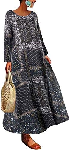 DirkFigge Cotton and linen dresses, spring long-sleeved dresses, long loose dresses,Women Long Sleeves Dress Floral Print Oversize Long Loose Casual Dress for Spring.