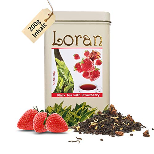 LORAN - Schwarzer Tee mit Erdbeere, Premium Qualität, Ceylon Tee aus Sri Lanka, lose in Dose 200g, Erdbeerstückchen…