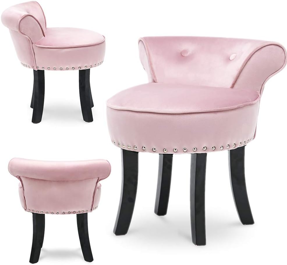 Amazoncom Velvet Makeup Vanity Chair And Stool For Bedroom With Roll Back Button And Rivet Deco Padded Bench Legs For Women And Girl Dressing Table Black Pink Kitchen Dining