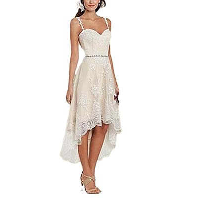 Women&amp;#39;s Hi Low Wedding Dress Beaded Sashes Lace Sweetheart Bridal Gowns