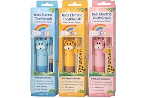 Kids Electric Toothbrush with Cute Cartoon Design, Multi-Color Light Function, Ages 3-8, Includes 2 Replacement Brush Heads a